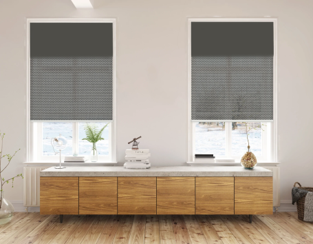 Double Roller Shades with white-black solar shades installed on two windows