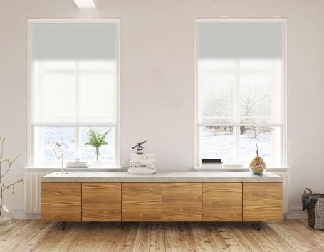 Double Roller Shades with white solar shades installed on two windows