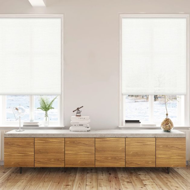 White light filtering roller shades installed on two windows